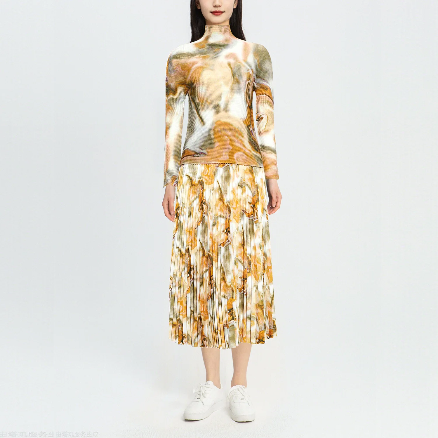 

Two Piece Sets Womens Outifits 2022 Fall New Miyake Pleated Printing Stretch Slimming T-Shirt + Elastic Waist Long Skirt Suit