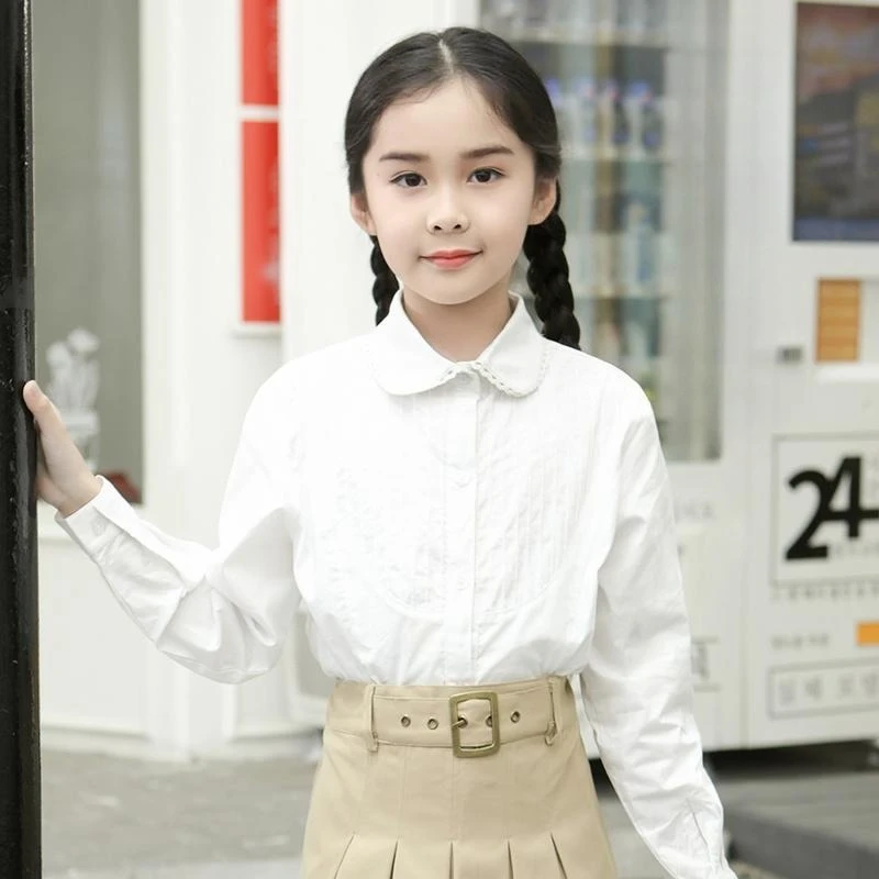 Girls White Long Sleeve Shirt Spring Autumn Kids Student Formal Top Blouse