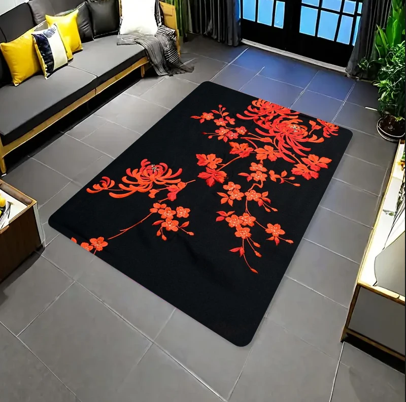 National Trend Red Plum Blossom Doormat, Black Floral Non-Slip Entry Mat, Aesthetic Chinese Home Decor  Rugs for Bedroom  Rug