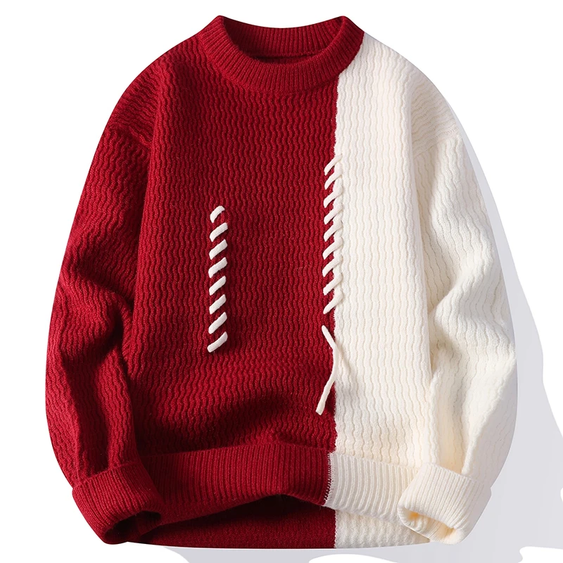 

Мужской брендовый свитер с круглым вырезом в стиле пэчворк, осень/зима, контрастный цвет, корейский тренд, модные утепленные пуловеры, вязаные топы