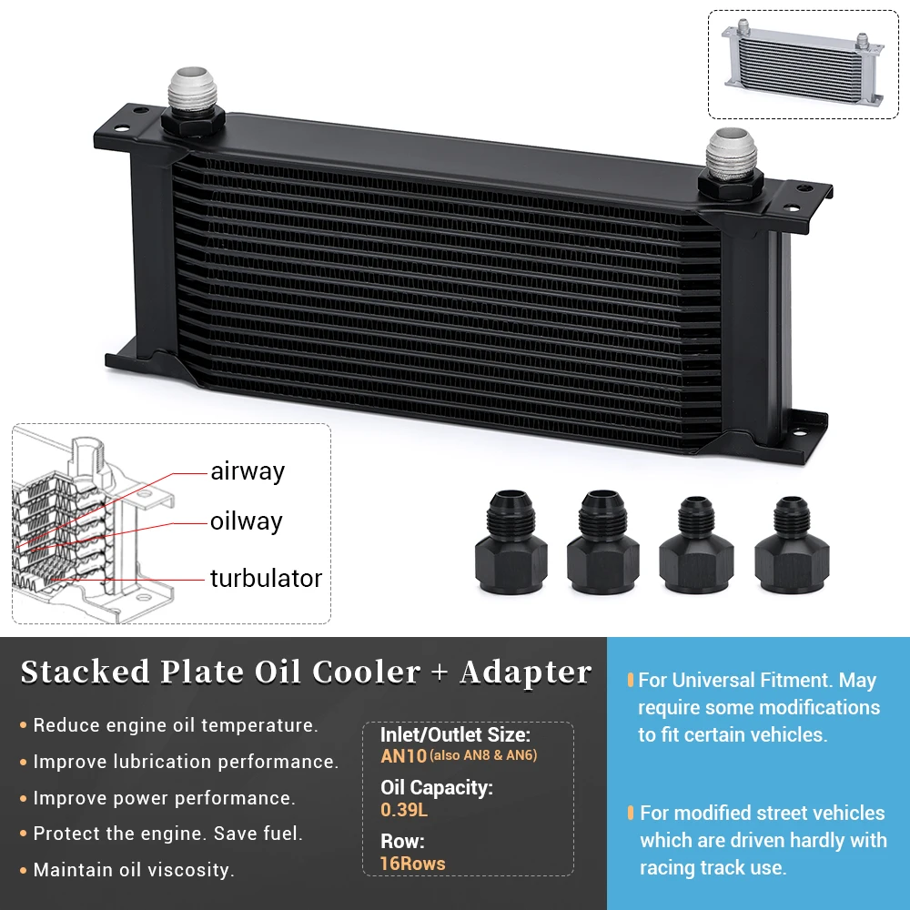 Hypertune - 16 Row AN10 Stacked Plate Oil Cooler 10AN to 6AN 8AN Adapter Universal Engine Transmission Aluminum Sliver/Black