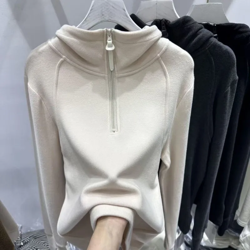 

Woman's Elegant Solid Hooded Sweatshirt Spring Autumn Fashion Half Zipper Design Long Sleeved Sweatshirt Ladies Casual Pullover