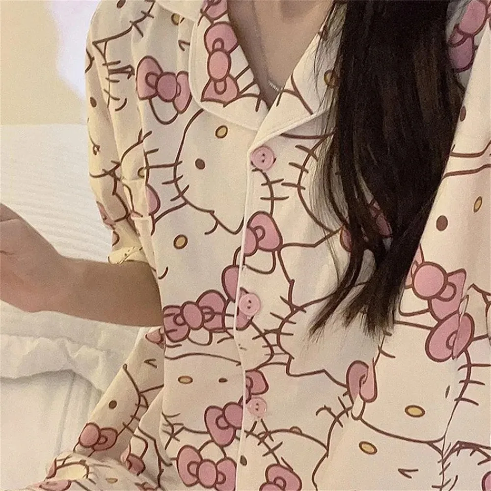 Sanrios Hello Kitty Short Section Ladies Pyjamas Set Pyjamas Women Summer Kawaii Cartoon Loose Pajamas Pajama Trousers Set