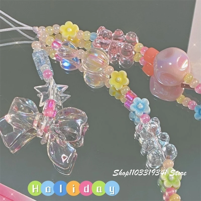 Korean Cute Bowknot Flower Bear Beaded Phone Charm
