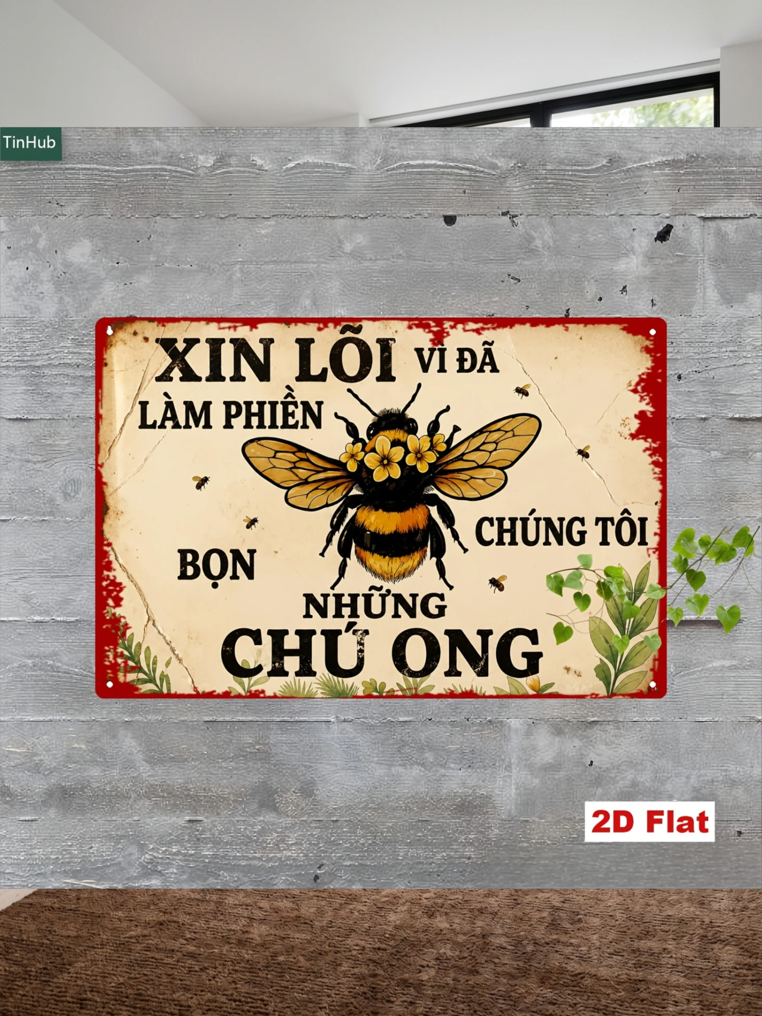 2D Flat, 2D Flat 1pc Vintage Vietnamese Slogan Metal Sign, 7.87x11.81inch Iron Sign with Fun Little Bee Pattern and Floral Decoration, Vintage Industrial Style Wall Art, Suitable for Home, Garden, Office, Cafe Decoration, Bee-Themed Metal Wall Decor