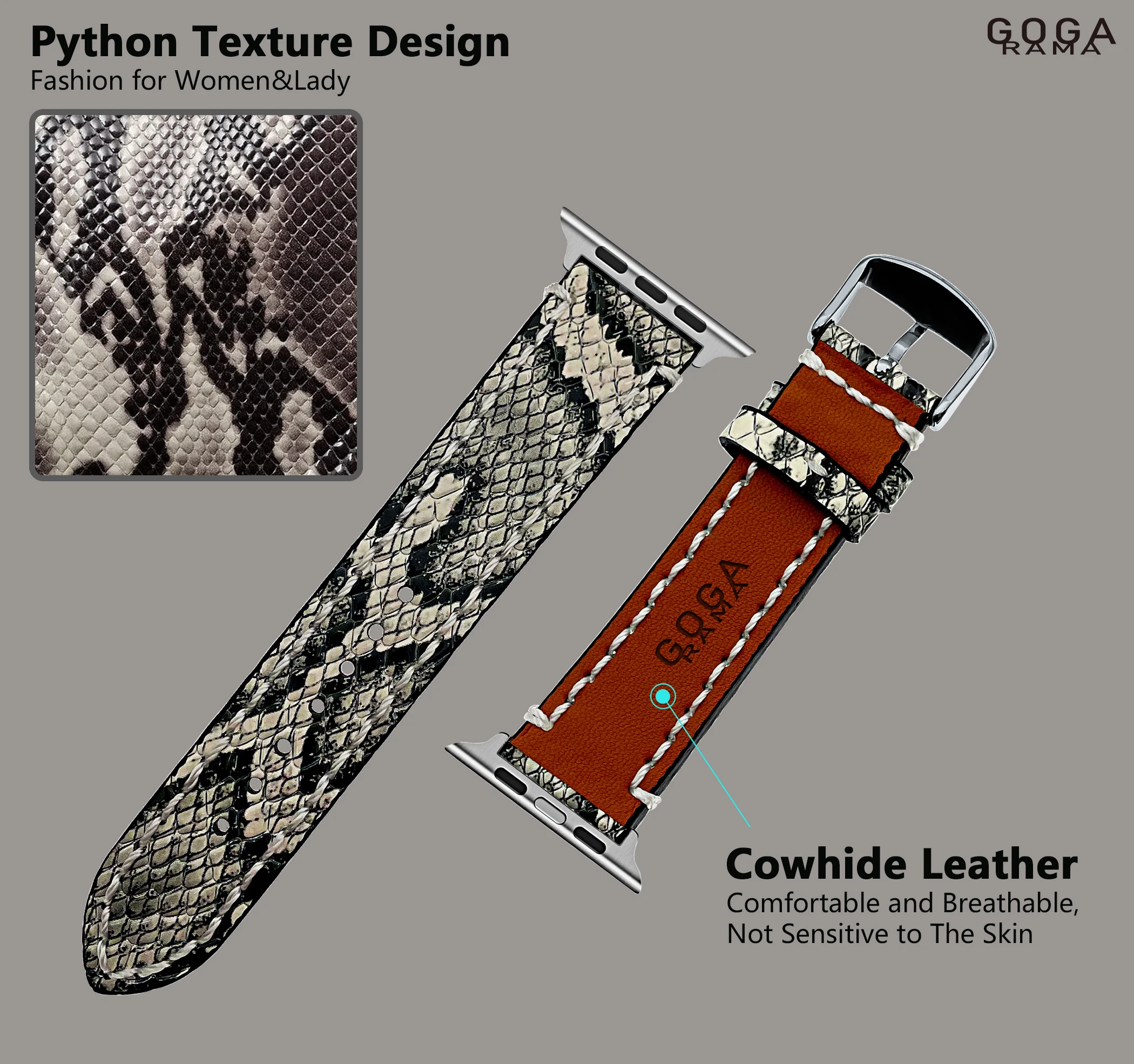 سوار كفة من الجلد لساعة أبل ، أربطة تصميم بنسيج الثعبان ، 49 ، 45 ، 44 ، 42 ، 41 ، 41 ، 40 ، 38 ، Ultra 2 ، سلسلة ألترا 9 ، 8 ، 7