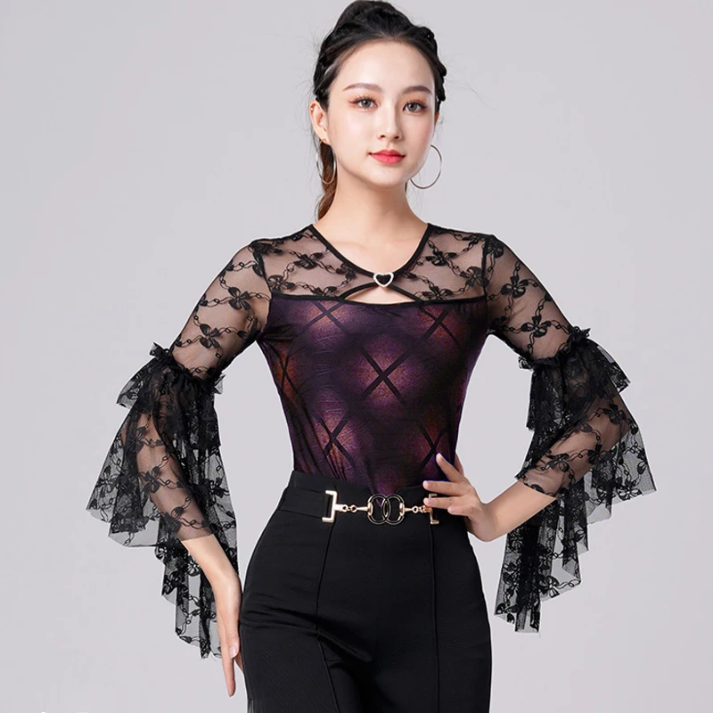 

Ballroom Dance Clothes 2 Colors Flare Sleeve Bodysuit Waltz Tango Dance Performance Costume Women Modern Practice Wear DL10546