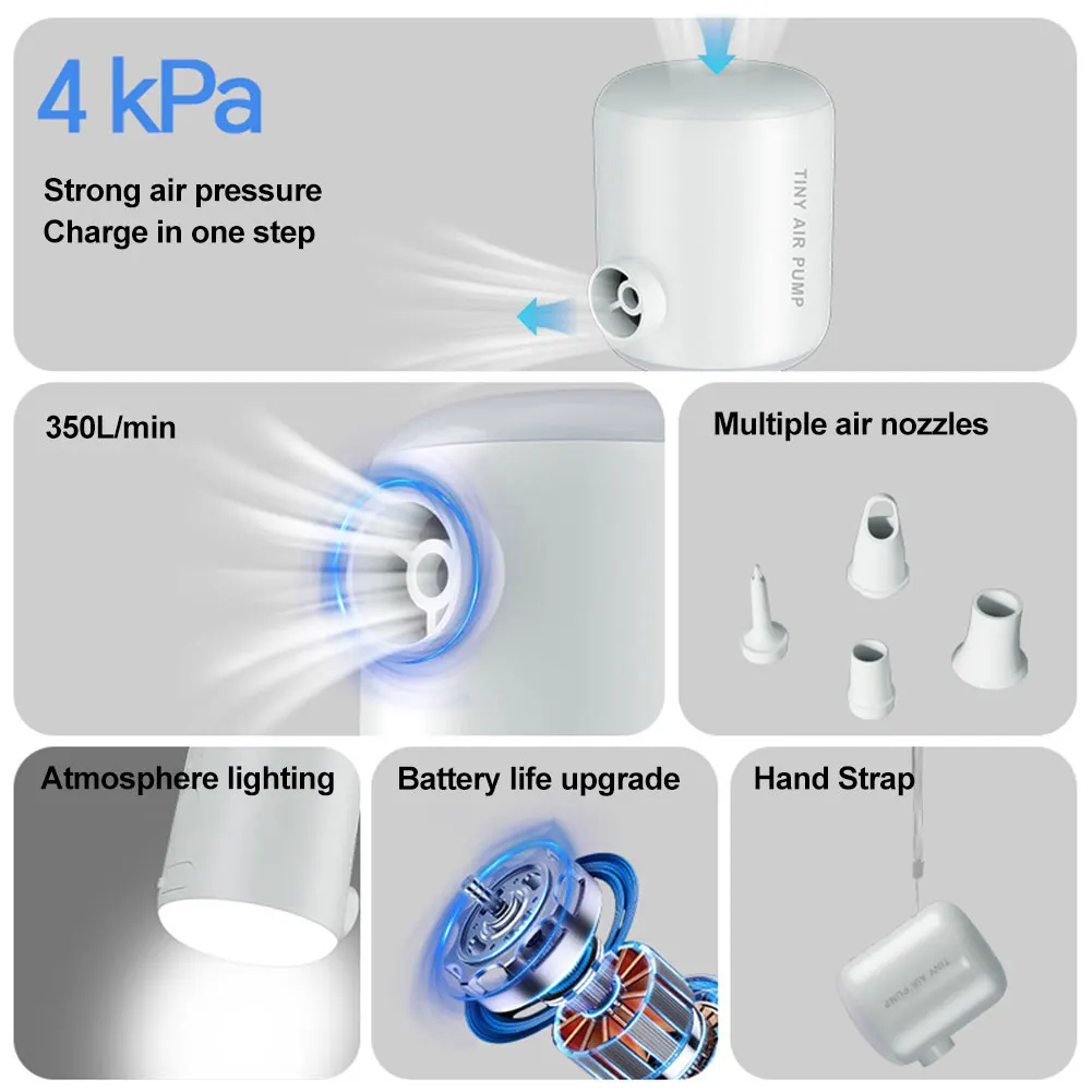 Camping Light Mini Air Inflator Pump USB Rechargeable Electric Air Pump 160LM Mini Inflate Deflate Pump for Air Mattresses Beds