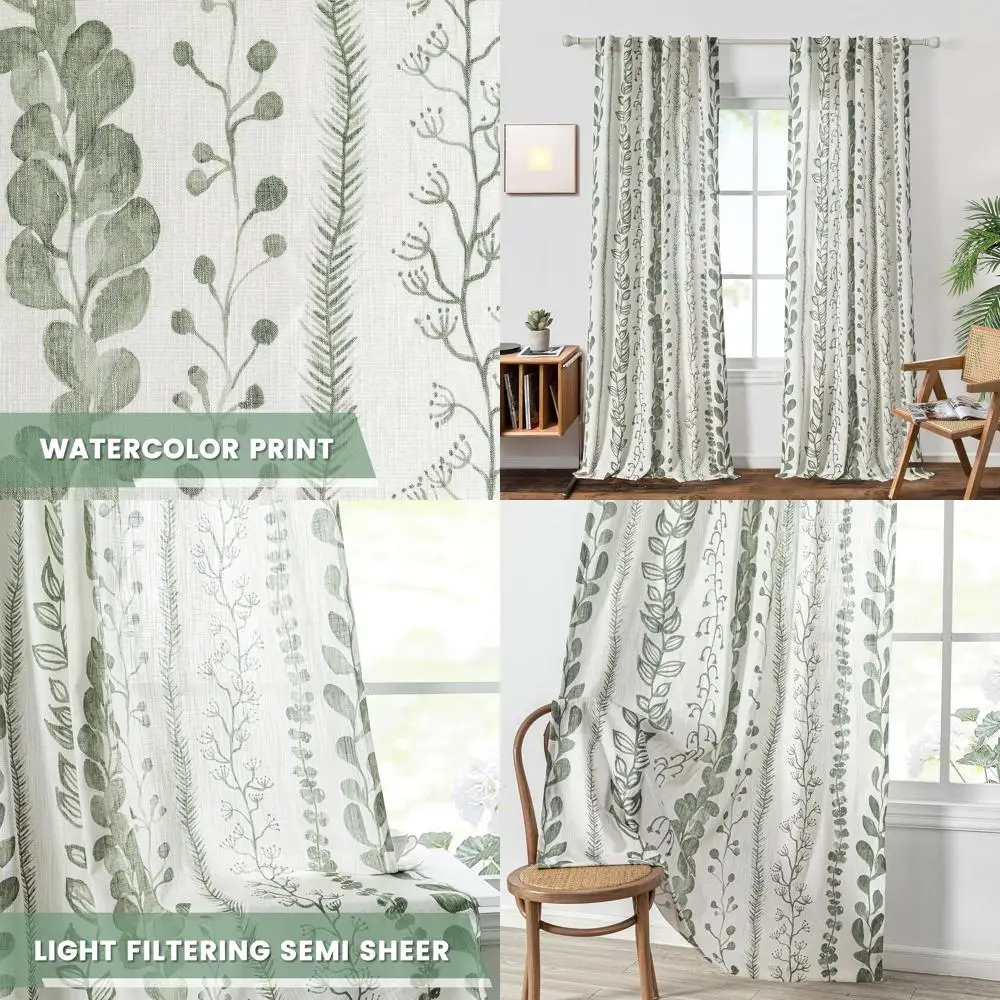 

Льняные шторы в стиле бохо, цвета шалфейно-зеленый, длина 108 дюймов, светопроницаемые, с принтом листьев, ширина каждой 50 дюймов.