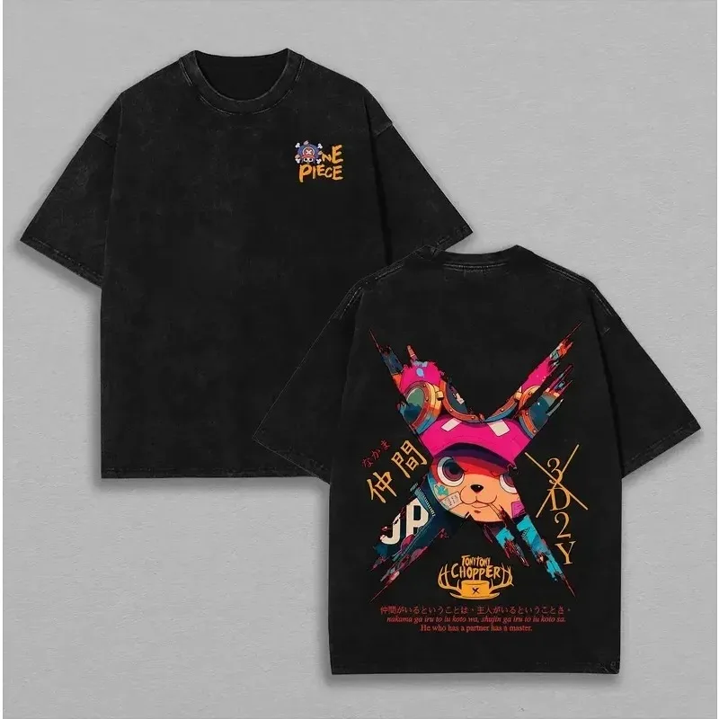 Streetwear One Piece Grafik T-Shirt für Herren und Damen Vintage Gewaschene Baumwolle Kurzarm-Shirt Sommer 2026 Y2k Anime-Print Lässige Oberteile