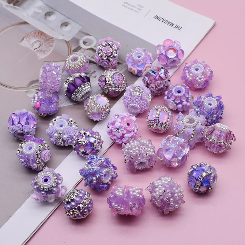 18-25mm New Color Design Acrylic Beads Handmade Purple Flower Pen Beads for Jewelry Making DIY Bead Pen Keychains Phone Chain