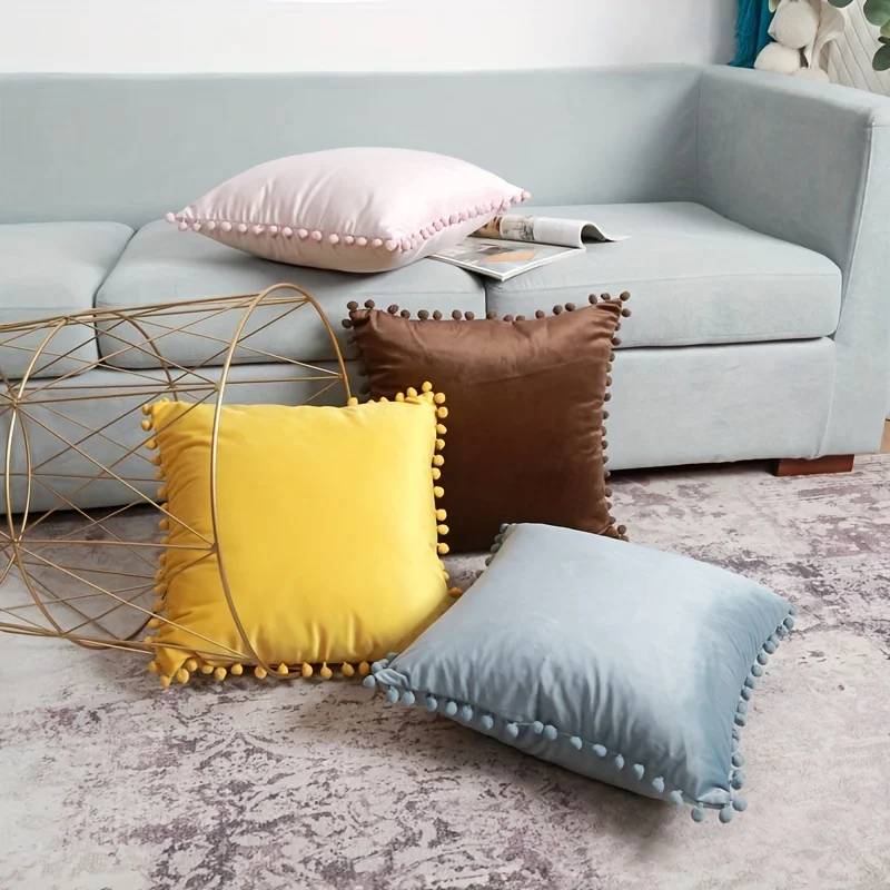 1pc Solid Colors Soft Velvet Cushion Cover Decorative PillowCover，With Pompom Ball Throw , For Living Room Bedroom Sofa,18*18in