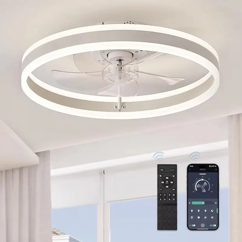 Modern intelligent LED ceiling fan light remote control thin embedded installation 5 blades three colors
