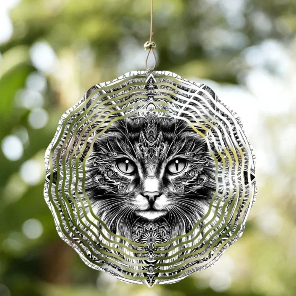 Cat Pattern Metal Wind Spinner 3D Hanging Ornament with 360° Rotating Hook No Battery Needed Art Decor Garden Patio Yard Outdoor
