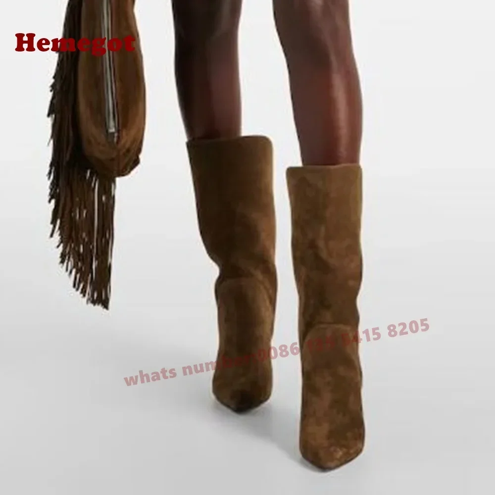 Pointy Toe Stiletto Heels Women's Winter Boots Suede Splicing Mid-Calf Boots Camel V-Cut Casual Shoes Warm 2026 New Arrival