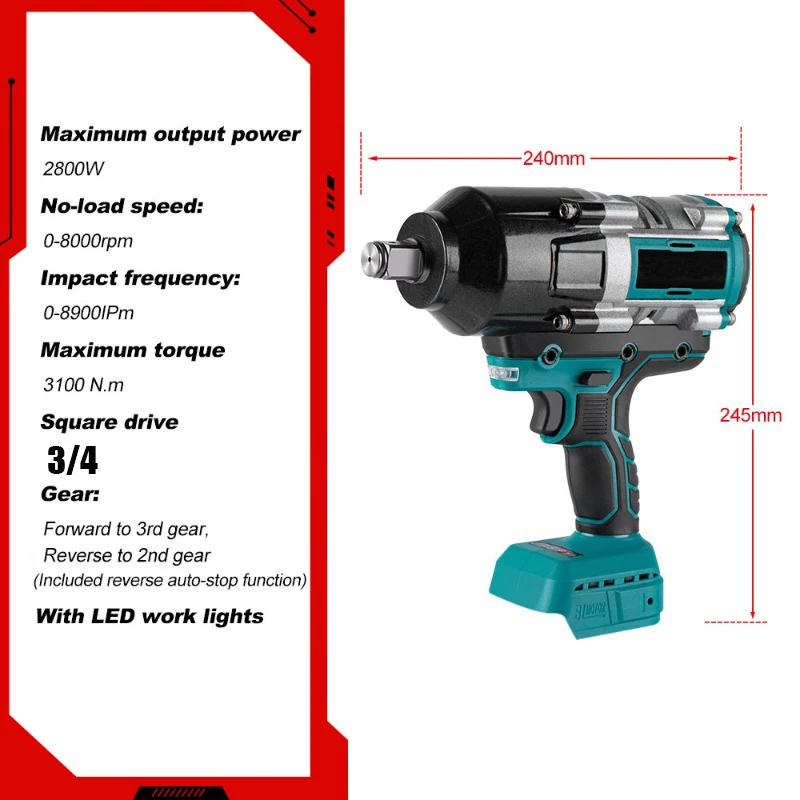 3100NM Brushless Impact Electric Wrench 3/4 inch Cordless Wrench 588VF Battery Handheld Power Tool For Makita 18v Battery