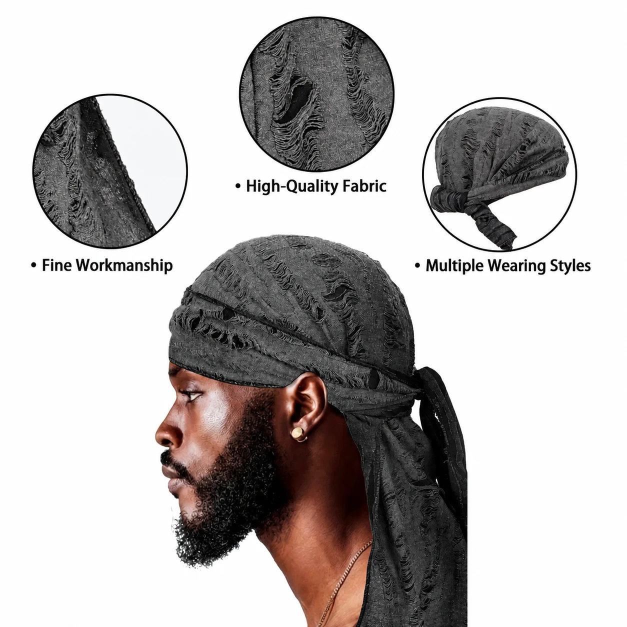 Polyester Headwrap Brimless Long Tail Headwrap Adult Brimless Skull Cap Personalized Head Wrap Cap For Men Wavy Hairstyle Hiking
