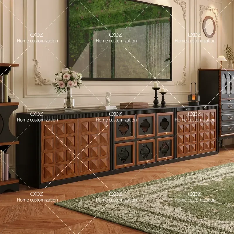French Medieval Style Solid Wood TV Cabinet Modular Combination Display Unit with Bone Inlay Detail Floor Standing Storage