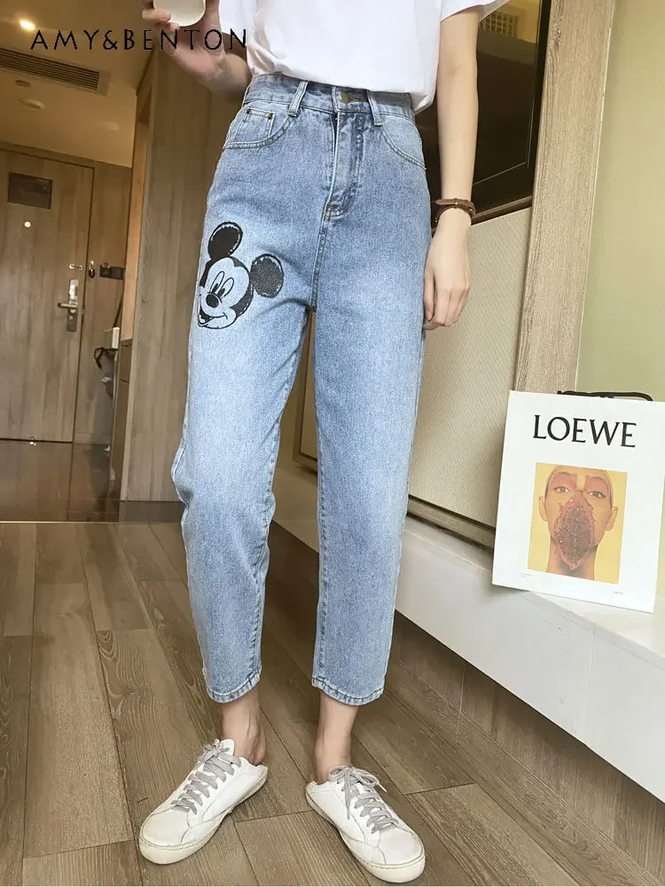 Potdemiel Cartoon Jeans Women's Early Autumn Fashionable Printed Cropped Trousers High Waist Loose Slimming Straight Harem Pants