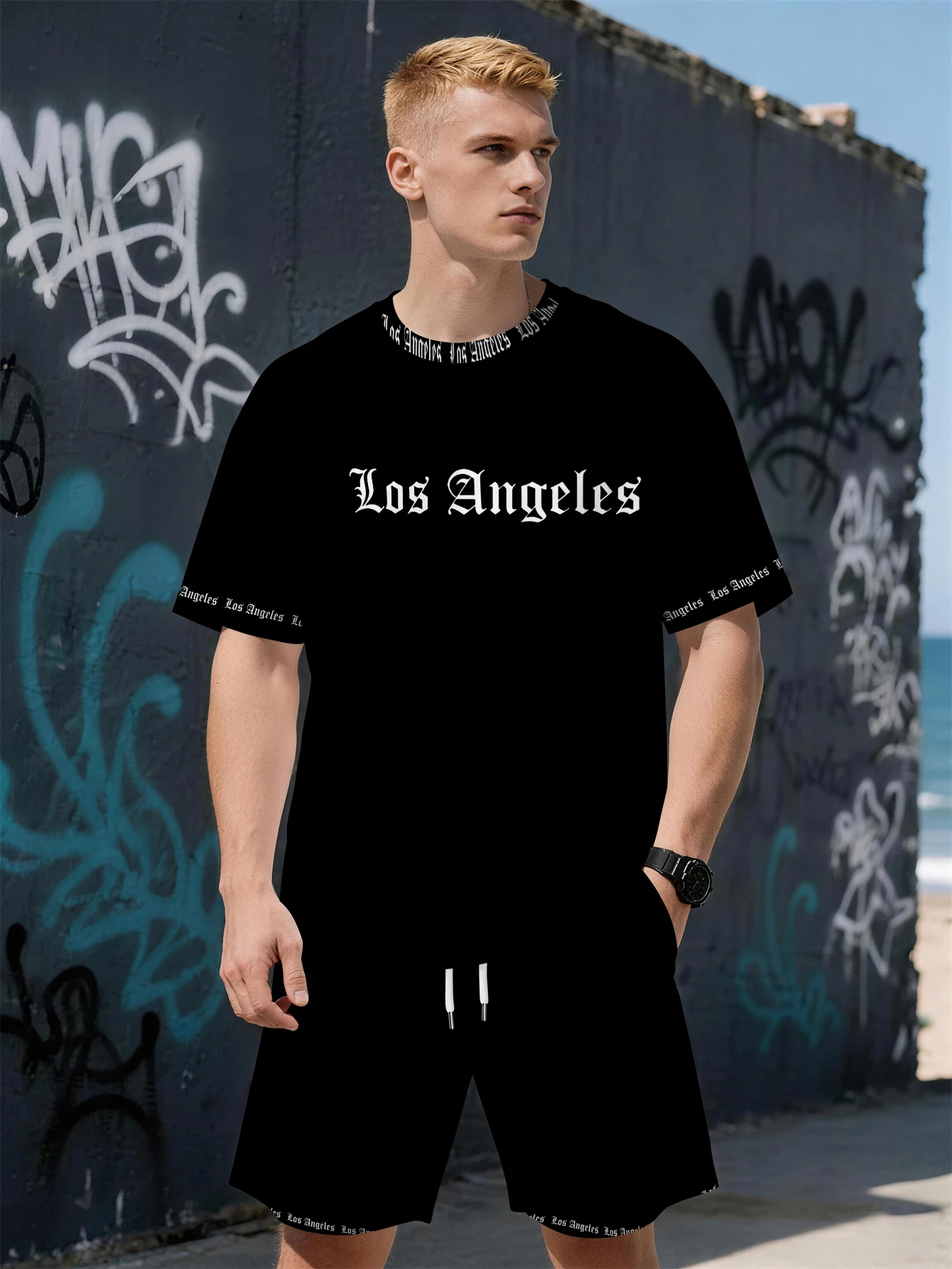 

2026 Summer New Men's Short-Sleeved Set with 3D Simple Letter Pattern Print - Fashionable Street Style Comfortable and Soft
