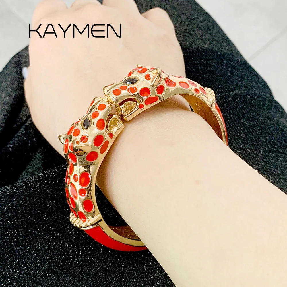 

KAYMEN New Fashion Statement Animal Enamel Cuff Bracelets Bangle Gold Plated Colourful Double Leopards Bracelet for Women