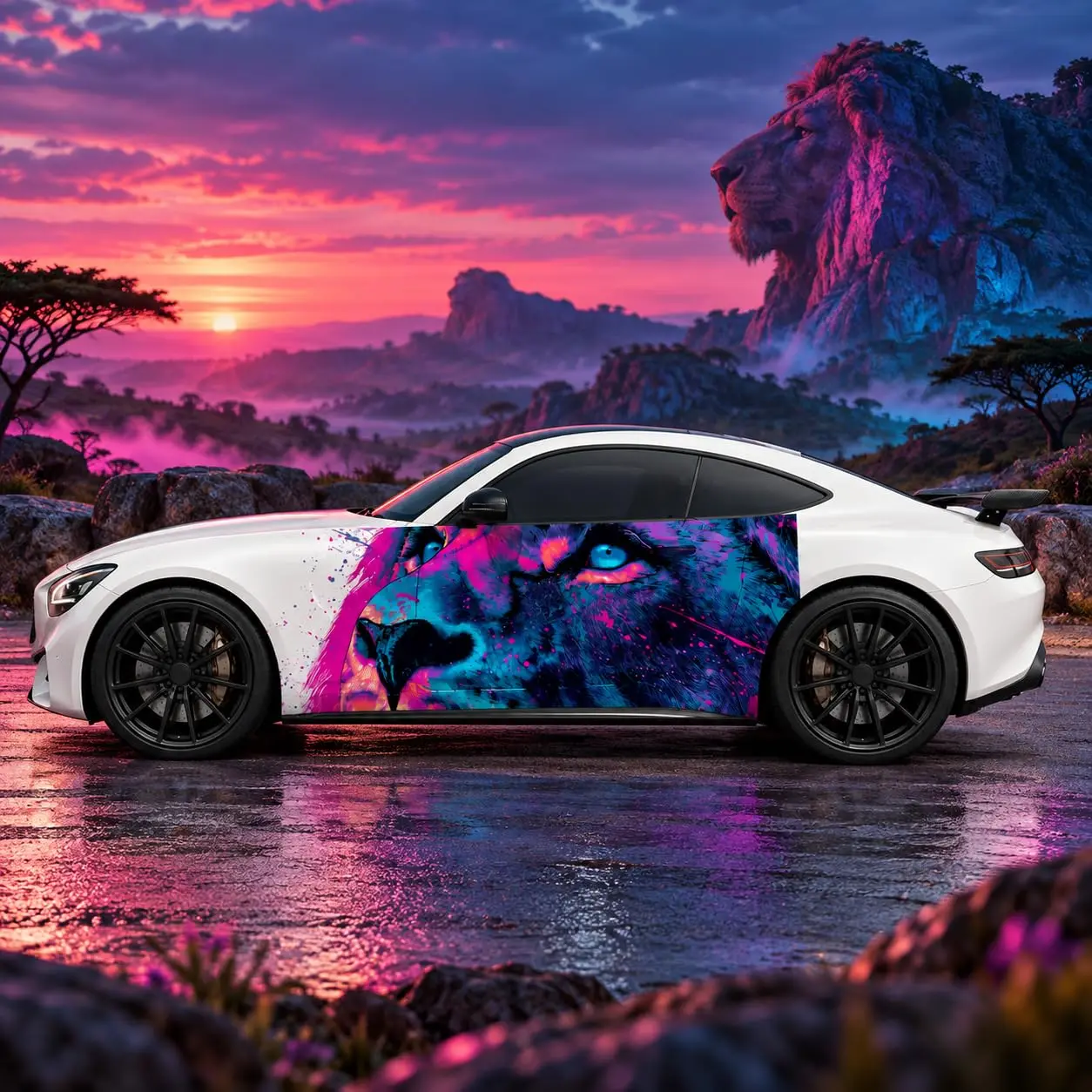 Neon Lion Car Wrap Vinyl Decal, Side Door Graphic Sticker