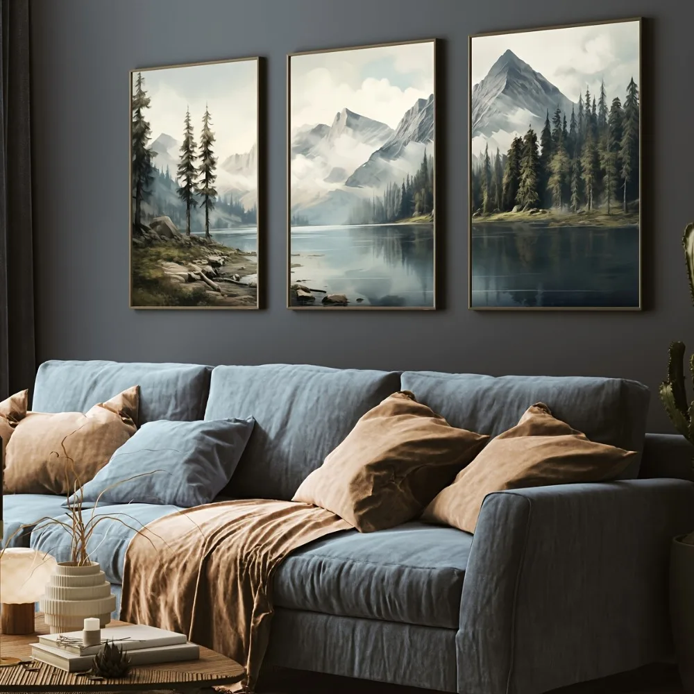 3pcs Frameless,Modern Abstract Green Landscape Neutral Retro Watercolor Painting Mountain and Lake Canvas Wall Prints,Home Decor