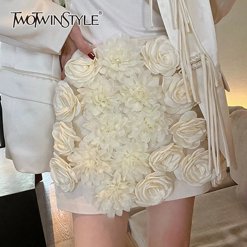 TWOTWINSTYLE Solid Elegant Spliced Appliques A Line Skirt For Women High Waist Patchwork Zipper Temperament Skirts Female New