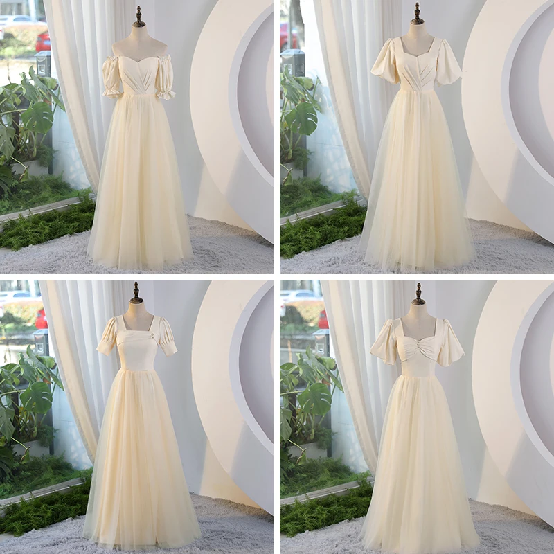 

Champagne Patchwork Bridesmaid Dress Women Short Sleeves Square Collar A-line Bandage Evening Dresses Elegant Simple Prom Gown