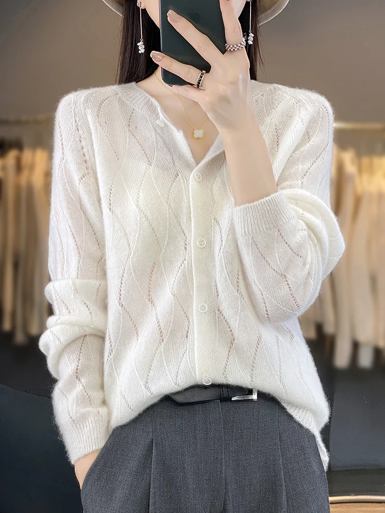 2025 New Fashion Women Sweater Spring 100% Pure Merino Wool Cardigan O-collar Jacket Female Clothing Grace Knitwear Tops