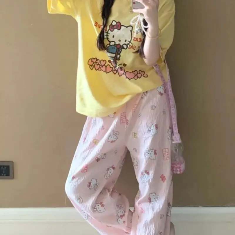 Sanrio Hello Kitty Anime Pajama Pants Cute Spring Wide Leg Pants Kawaii Vintage American Style Cotton Loose Casual Walk Homewear