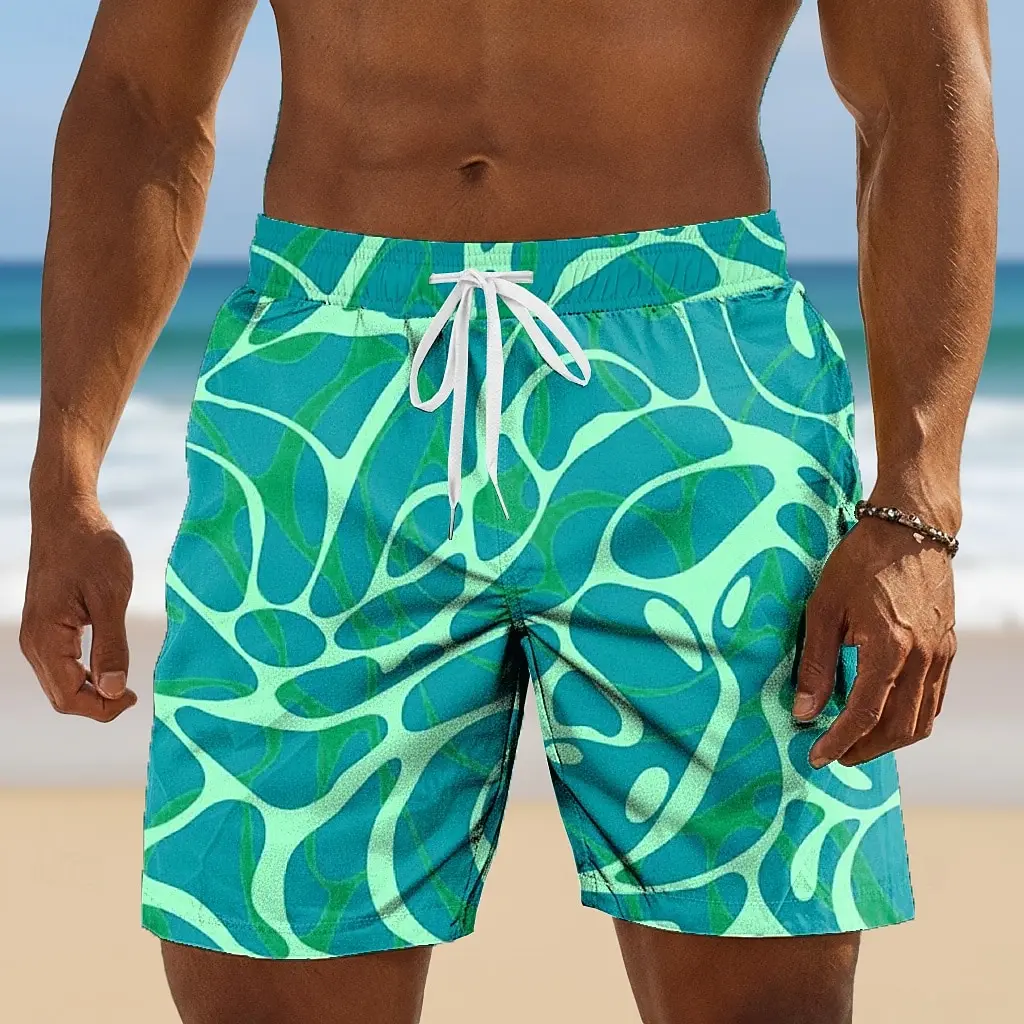 Men's wavy abstract art shorts 3D printed drawstring elastic waist side pockets suitable for summer everyday beach vacation wear