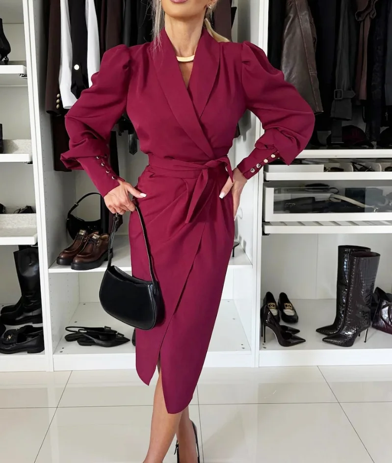 

Commuting Green Fruit Collar Long Sleeved Cardigan Tied Casual Dress for Women 2024 Spring Autumn High Waist Medium Length Skirt