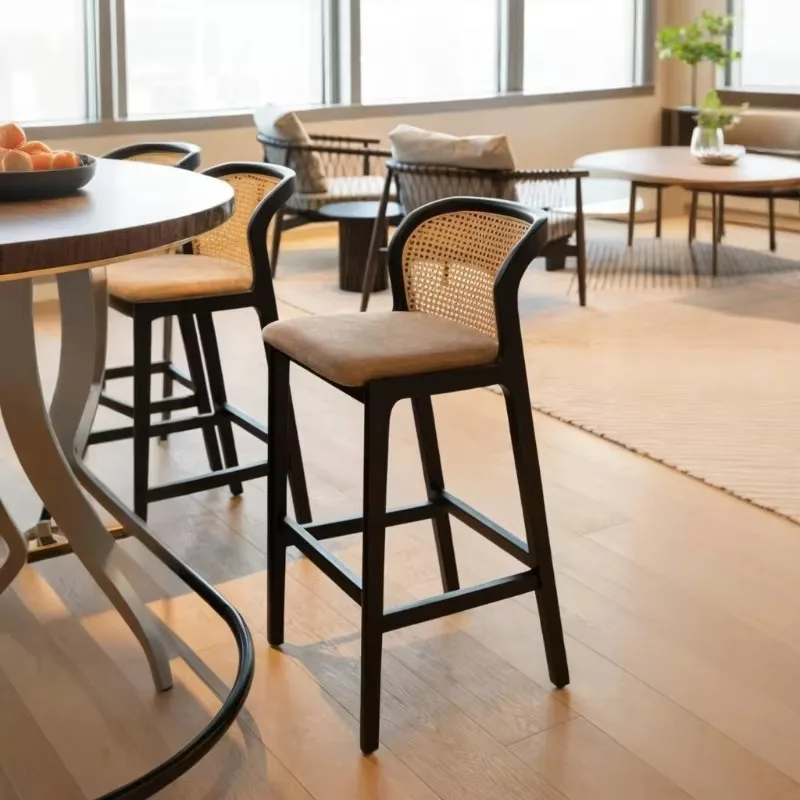 

Nordic Back Bar Stools High Modern Rattan Wooden Household Backrest Kitchen Bar Stools Dining Vintage Barkruk Home Furniture