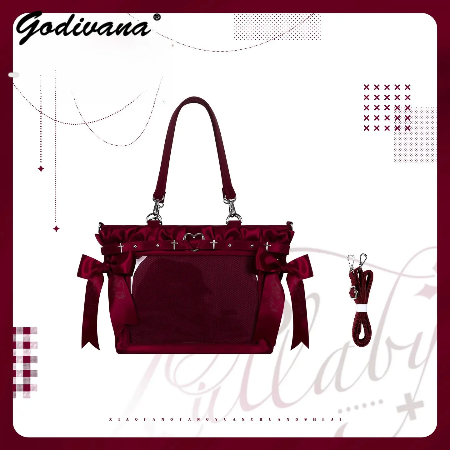 Original Design Transparent Totes Pain Bag Large Capacity Women's Lolita Satin Ribbon Bow Shoulder Bag Anime Satchel Bags