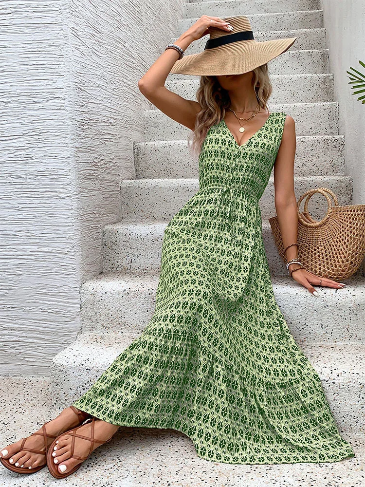 New Women's Long Skirt V-neck Fashion Print High Waist Slimming Diamond Print Simple Vacation Beach Casual Street Vest Skirt
