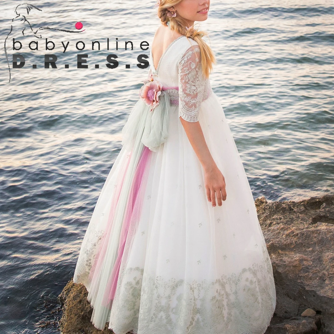 

BABYONLINE индивидуальное платье для причастия для девочек с бантом, полупрозрачные кружевные рукава, двухслойная цветочная вышивка, мини-цветы для невесты, детская