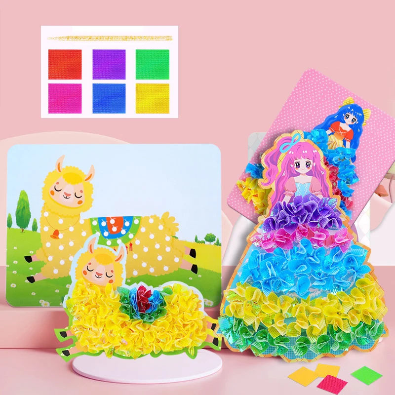 Funny Poke Puncture Painting Fabric Art Frenzy for Kids Girls Cartoon Animal Princess Children DIY Poking Drawing Dress Up Board