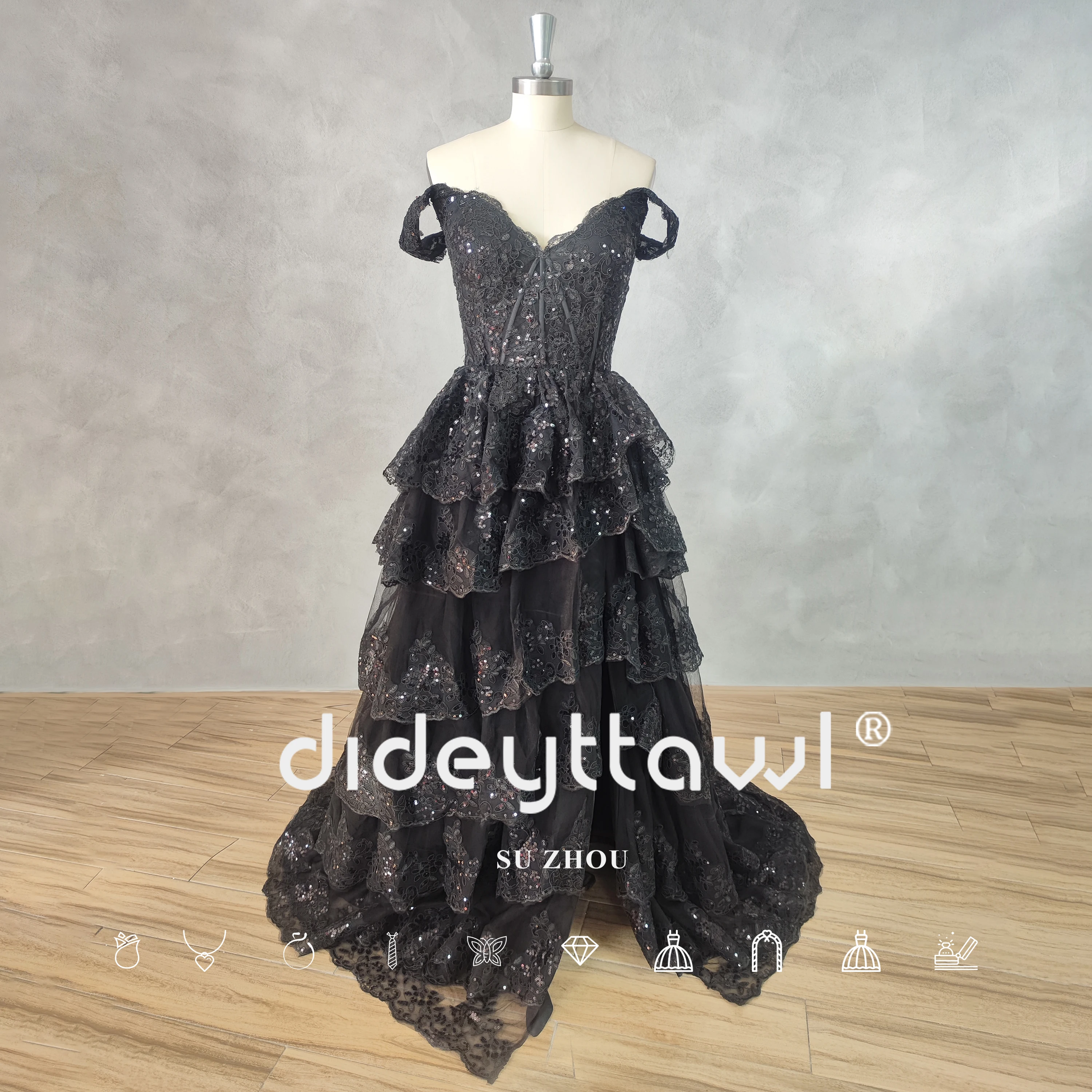 DIDEYTTAWL-Camadas Tulle Prom Dress, uma linha com zíper traseiro, fenda lateral alta, comprimento do chão, brilhante Off-ombro, tule em camadas, fotos reais