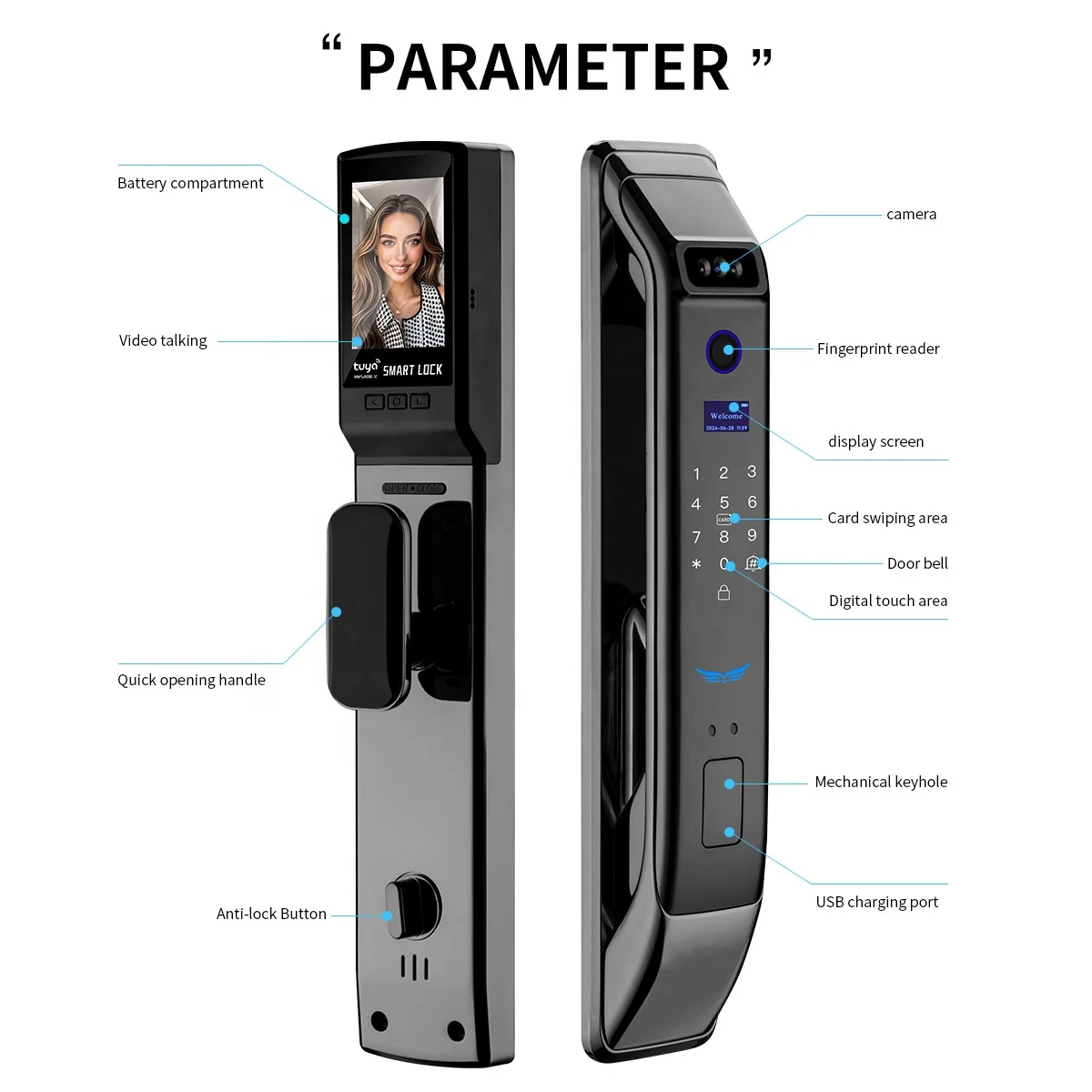 Security 3D Face Recognition APP TUYA WIFI Wooden Electronic Fingerprint Keyless Digital Lock Smart Home Door Lock With Camera