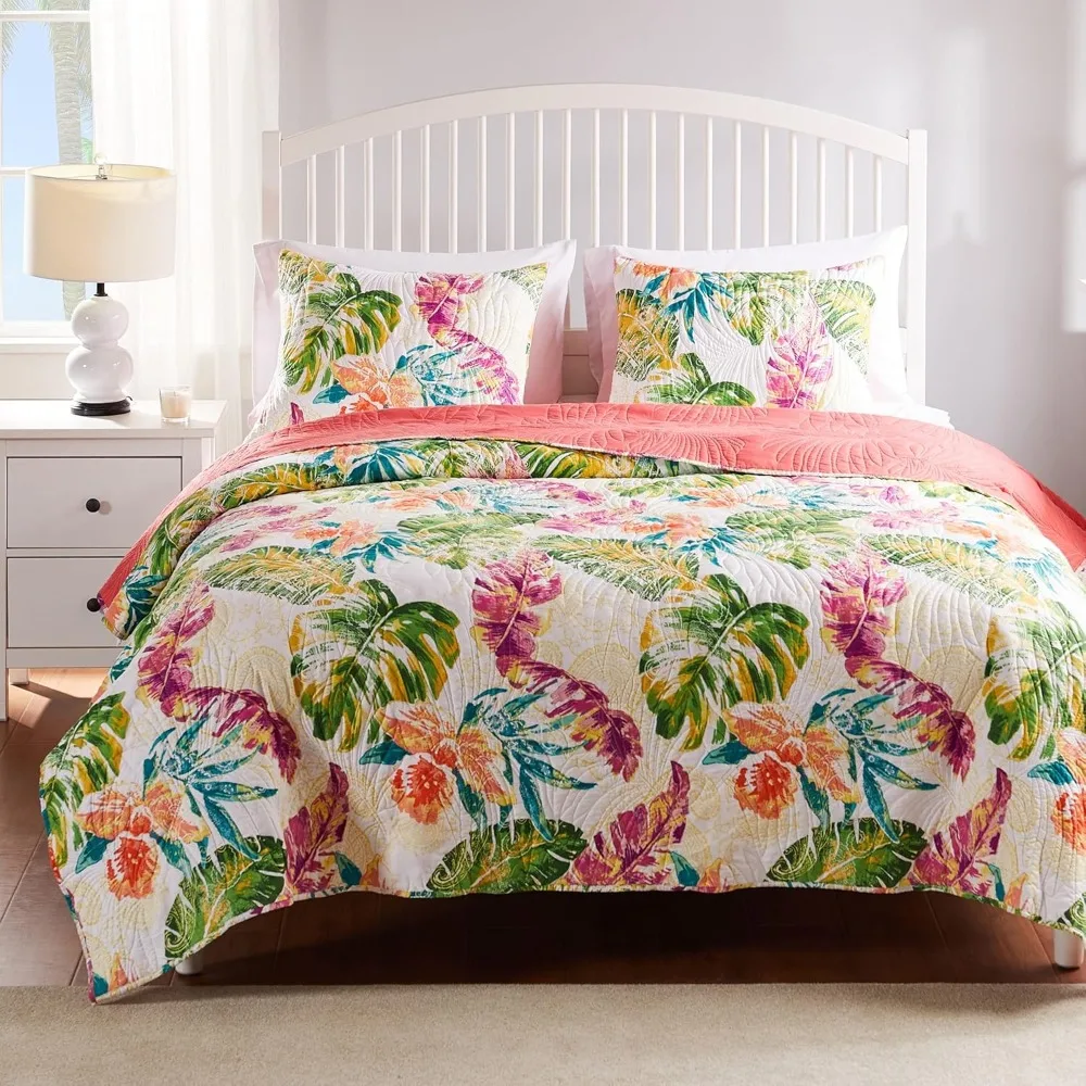 

Coral King/Cal King Size Tropical Palm Leaf Pattern Cotton Blend Quilt Set, 3-Piece