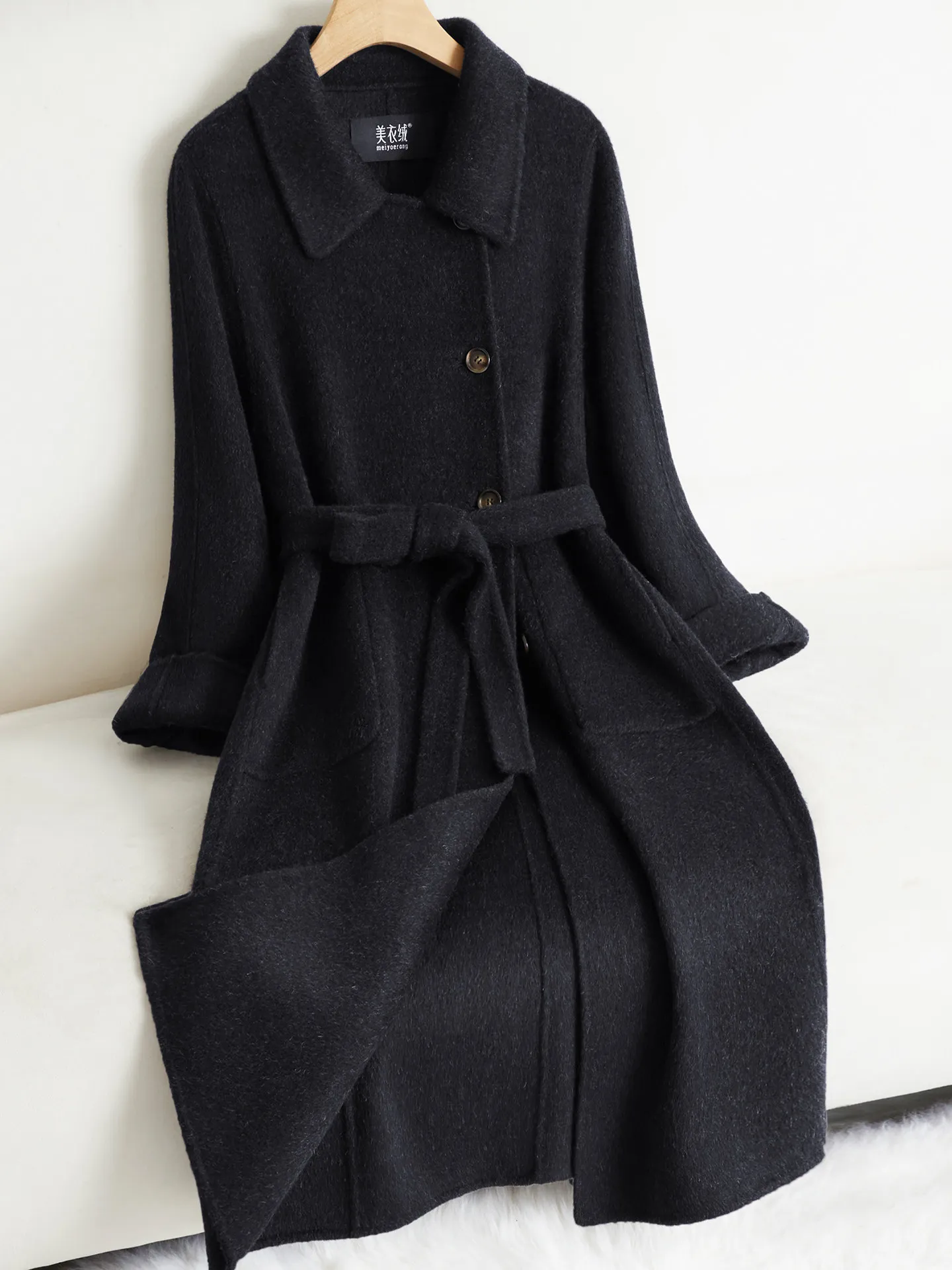 Light coffee double-sided cashmere coat women's long over-knee lace-up doll collar large lapel variable wool coat