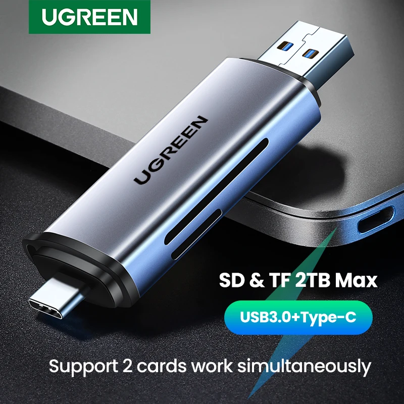 Ugreen-lector de tarjetas USB 3,0 y USB C a SD, MicroSD, TF, Thunderbolt 3, accesorios para PC y portátil, lector de tarjetas de memoria inteligente