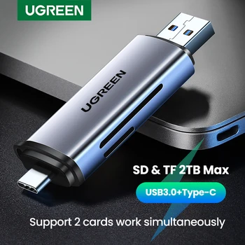UGREEN-Leitor de cartão de memória inteligente, USB C para SD, MicroSD, TF Thunderbolt 3 para PC, Acessórios para laptop, USB 3.0, Adaptador de cartão SD