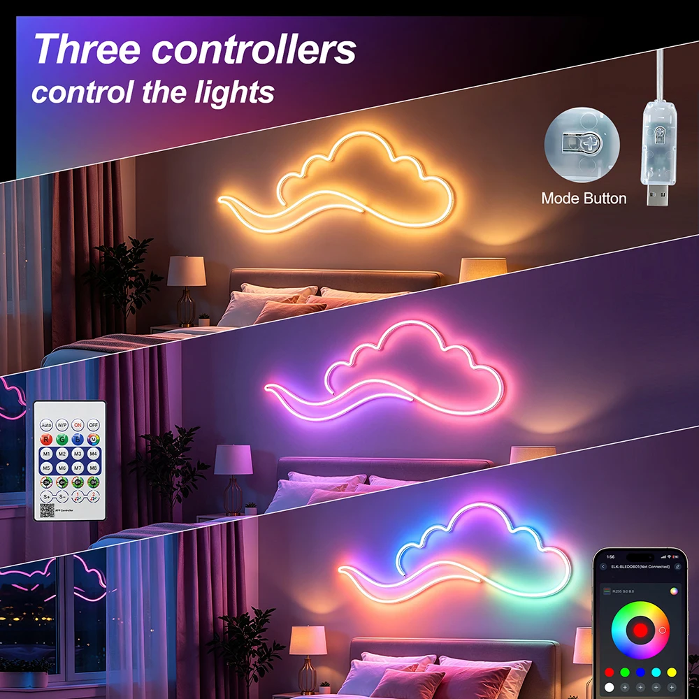 5V USB RGBIC LED Strip WS2811B with 24Keys Remote Bluetooth APP Waterproof Flexible Neon Ribbon Rope Lights for DIY Home Decor
