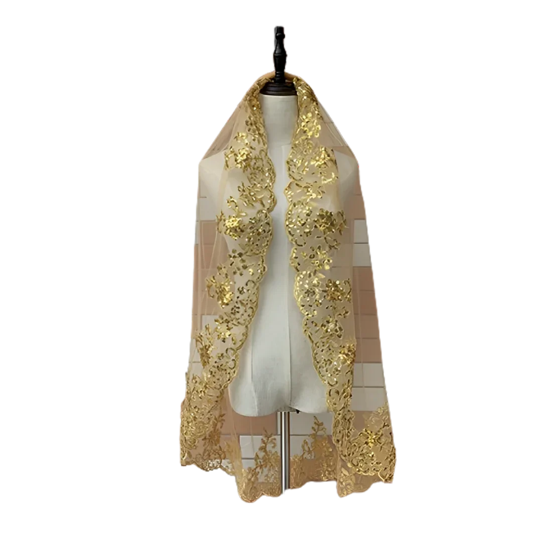 

Sparkling Gold Bridal Veil with Delicate Floral Embroidery for Elegant Wedding Gowns