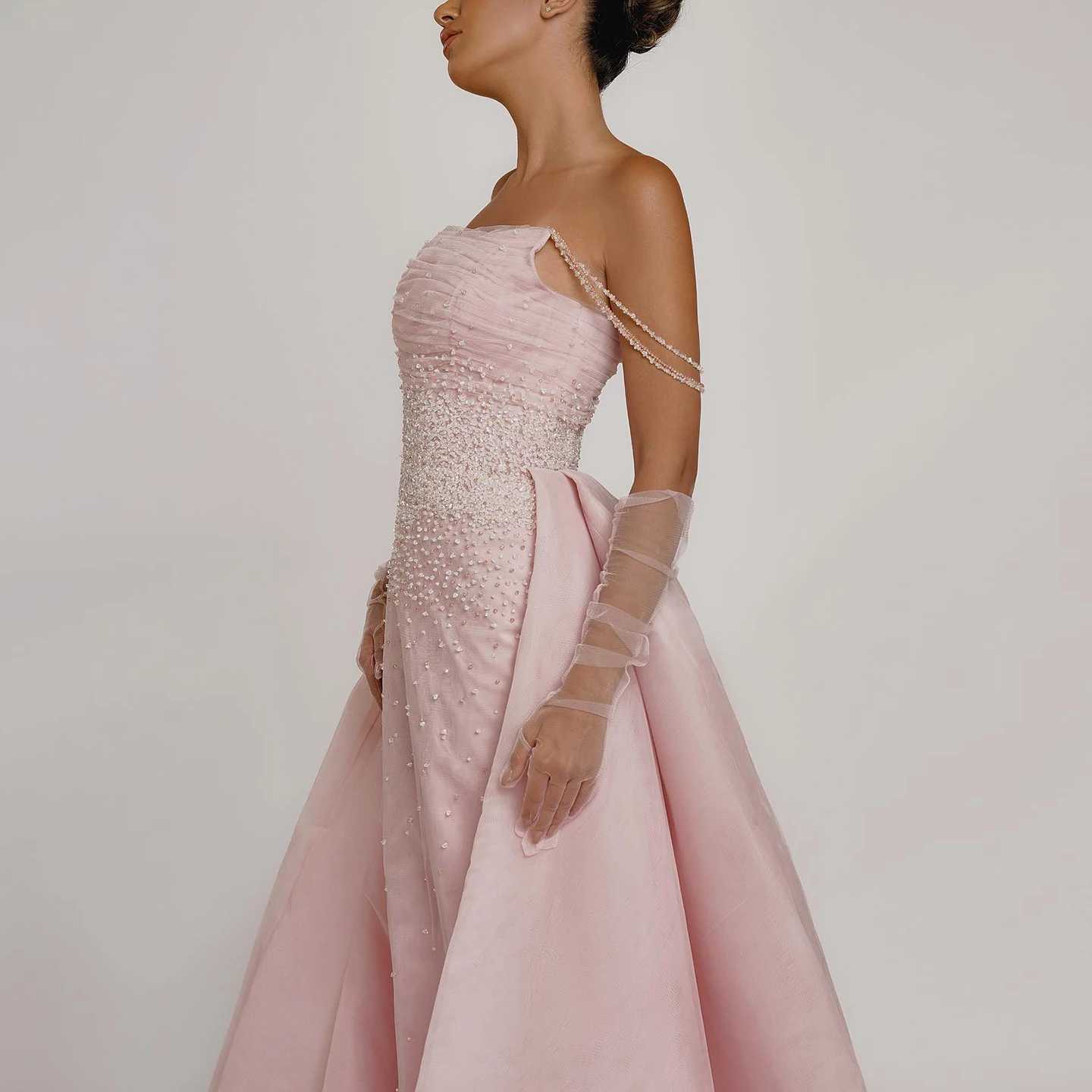 Sharon Said Luxury Dubai Beaded Pink Evening Dress with Overskirt Gloves Elegant Women Arabic Wedding Formal Party Gown SS429