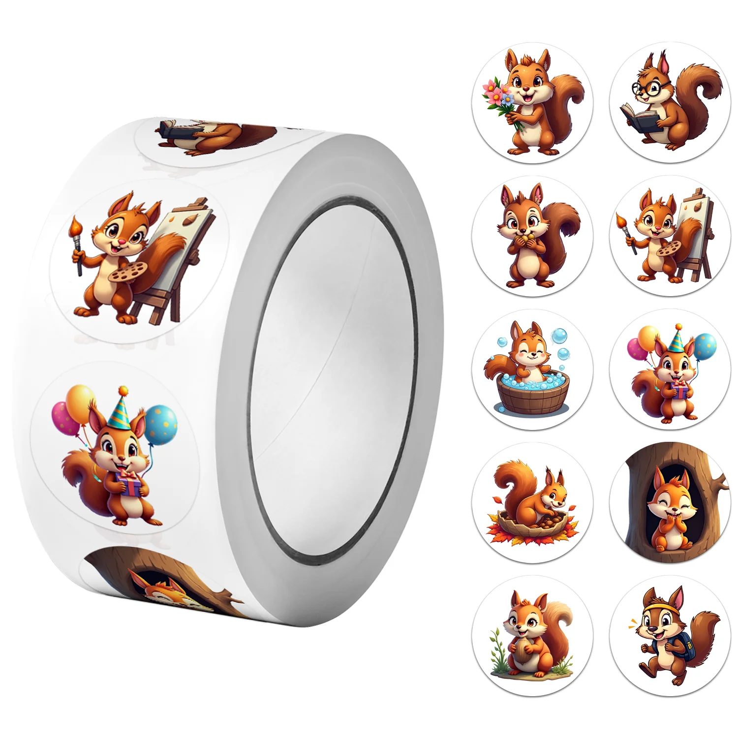 1Roll(500Pcs) Lovable Happy Squirrels Pattern Stickers 2.5cm/1.0'' 10 Designs Decals Diy Adorn Gifts Home Decor Sealing Labels