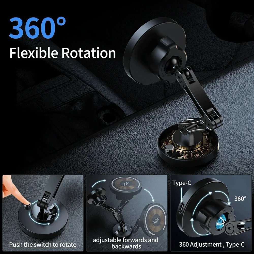 Magnetyczny uchwyt samochodowy na telefon z bezprzewodową ładowarką, szybkie ładowanie, obrotowy, magnetyczny stojak samochodowy na telefon do iPhone 16 15 14 13 Samsung