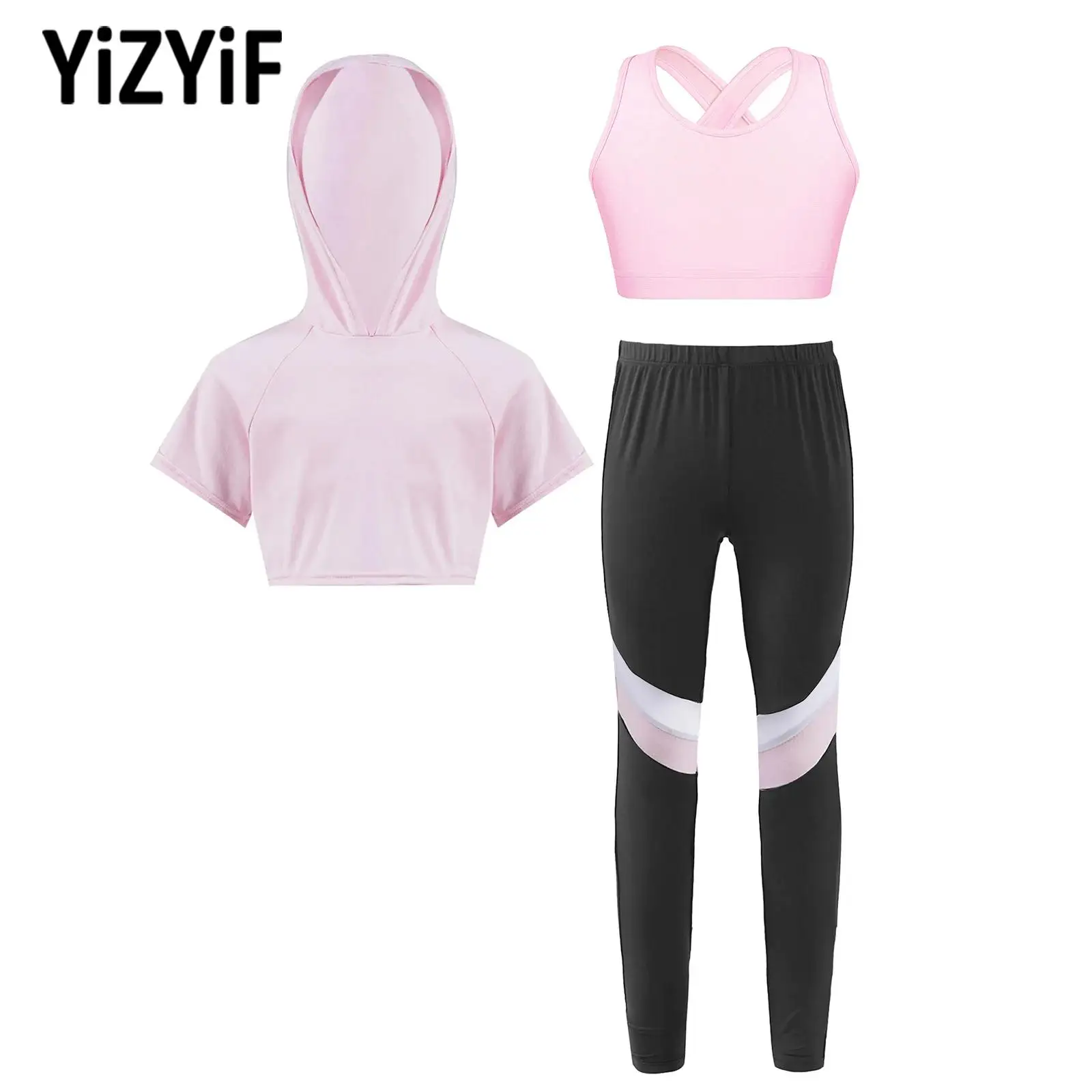 3 Pcs Yoga Cycling Sports Sets Fitness Dance Workout Outfit for Kids Girls Sleeveless Vest Short Sleeve Hooded Crop Top Leggings